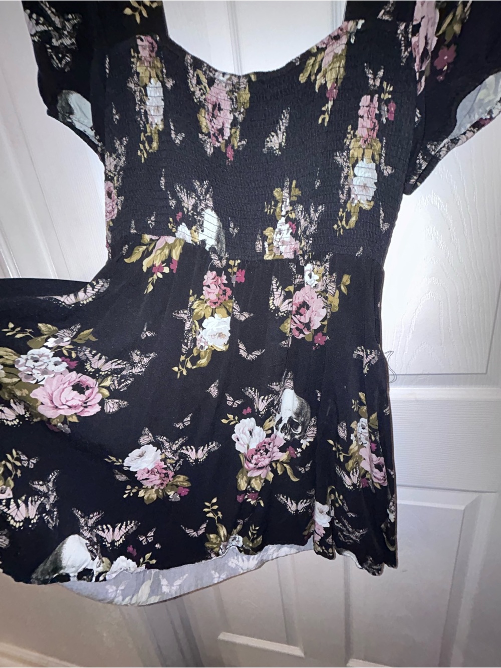 Disturbia Black Floral & Skull Puff-Sleeve Square-Neck Dress - Picture 3 of 9